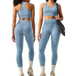 Women Workout Set Seamless High Waist Legging Padded Racerback Sports Bra Blue